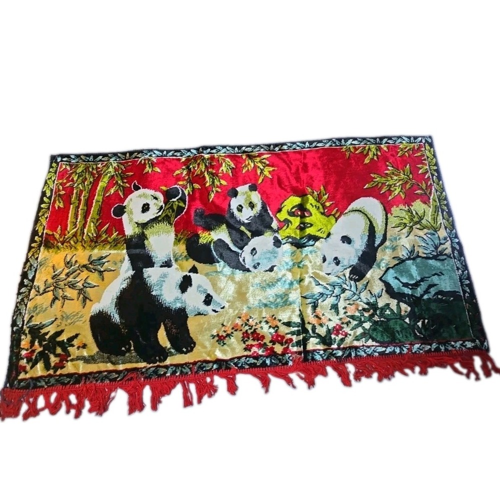 VTG Swan Velveteen Tapestry Panda Bears Wall Hanging Rug 38x21 China 70s Fringe